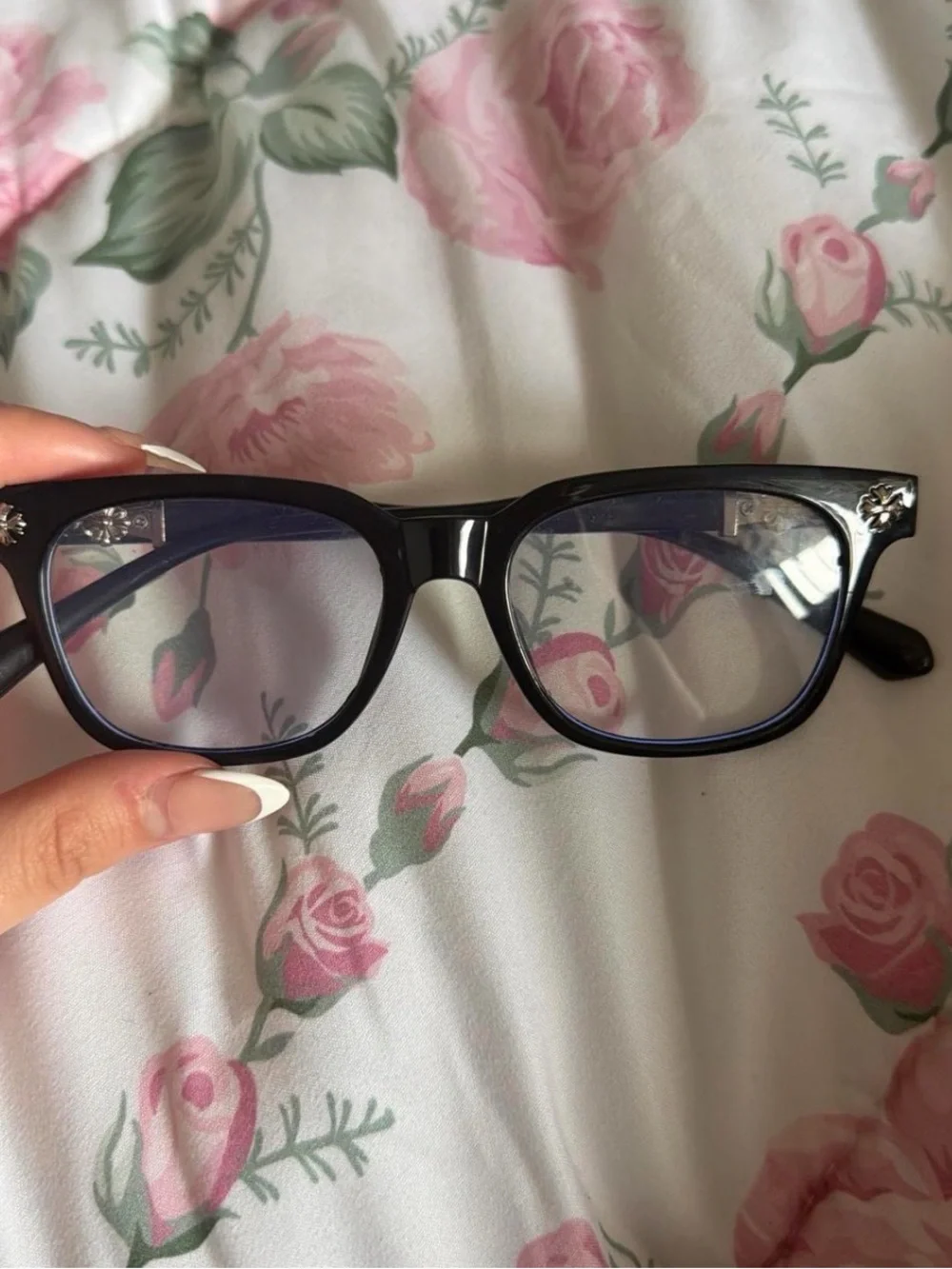 Black Rectangle Eyeglasses with Decorative Corner Accent